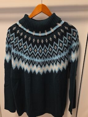 Eloquii Dark Teal Fair Isle Yoke Sweater with Light Blue Accents